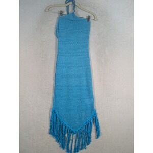 NEW SHEIN VCAY Halter Dress Women's Small Blue Crochet Fringe Boho Open Back